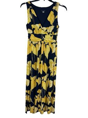 Tommy Hilfiger Island Orchard Snap Dragon Floral Navy Yellow Midi Dress 6 Empire